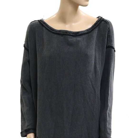 Free People Conrad Pullover Sweatshirt Top Off Shoulder Cotton Black S 283627 - Picture 5 of 8